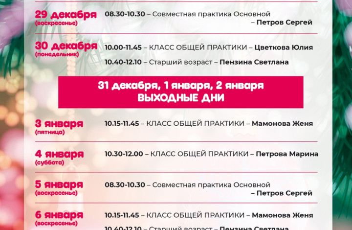 Приглашаем вас на занятия в Новогодние каникулы.